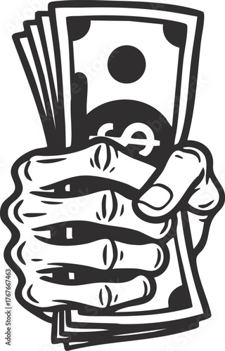 Illustration of Skeleton Hand Holding dollar bills

