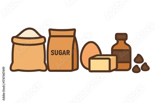 Essential baking ingredients: flour, sugar, butter, egg, vanilla, and chocolate chips for dessert preparation
