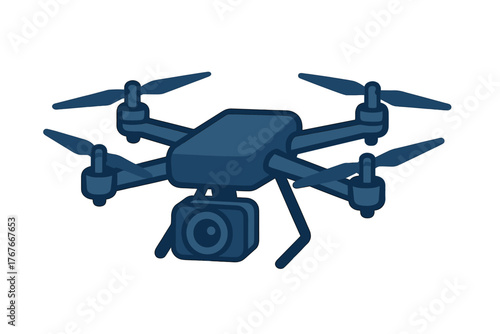 Dark blue unmanned aerial vehicle quadcopter with attached camera for remote sensing