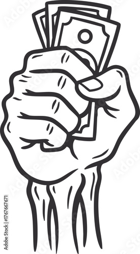 Illustration of Skeleton Hand Holding dollar bills

