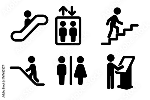 Essential public facility symbols set including escalator, elevator, stairs, restroom, and information kiosk