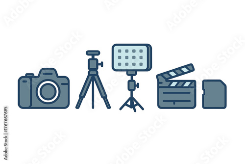 Professional video production equipment set including camera, tripod, lighting, clapperboard, and memory card
