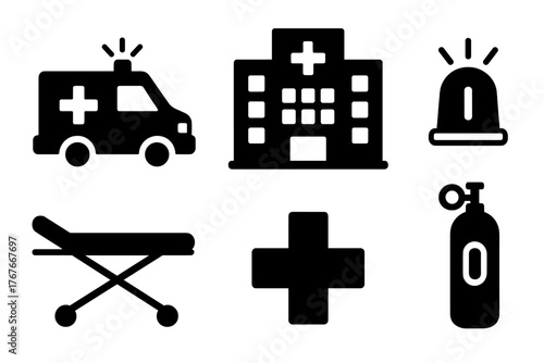 Black glyph icons for emergency medical services, hospital, ambulance, and life support equipment