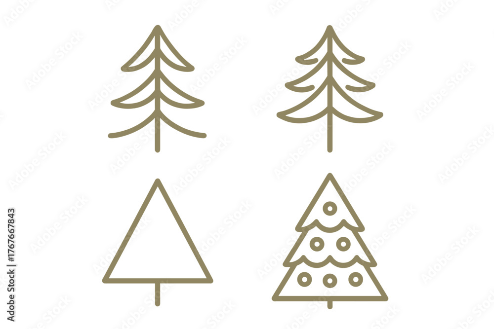 Fototapeta premium Set of four simple outline stylized Christmas trees and evergreen pine shapes