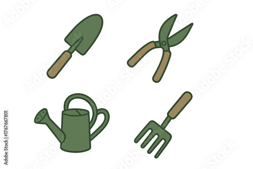 Set of essential gardening tools including trowel, hand fork, watering can, and shears