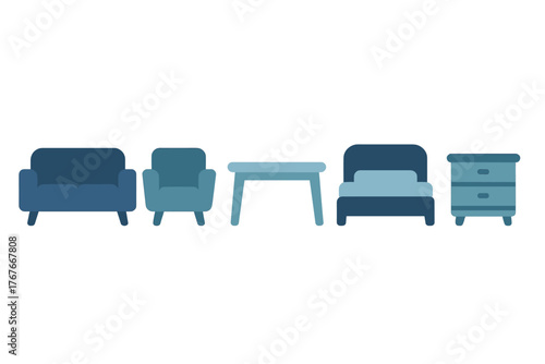 Modern home furniture set including sofa, armchair, bed, table, and nightstand in blue colors