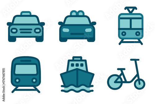 Public and private transportation modes set featuring taxi, police car, tram, train, ship, and bicycle symbols