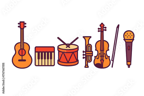 Lineup of various musical instruments and audio gear including guitar keyboard drum trumpet and violin