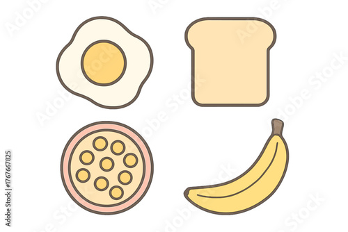 Simple collection of breakfast food items including a fried egg, slice of toast, banana, and round sausage slices