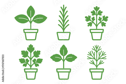 Stylized green potted herbs and seedlings set for growth and nature themes