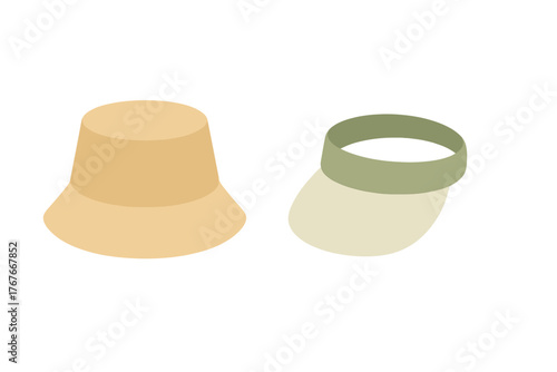 Minimalist beige bucket hat and green sun visor set for summer fashion accessories