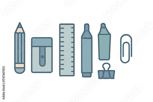 Essential school and office stationery set including pencil sharpener ruler markers and paper clips