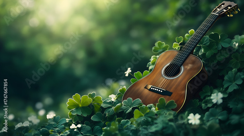 Acoustic Guitar Resting On Clover Leaves In Natural Sunlight Symbolizing Irish Folk Music And Cultural Harmony