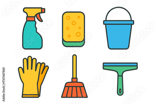 Colorful set of household cleaning tools including spray bottle, sponge, bucket, protective gloves, broom, and squeegee