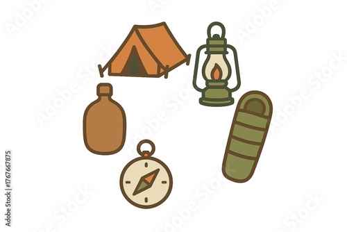 Essential camping and hiking equipment set featuring a tent, sleeping bag, compass, and lantern