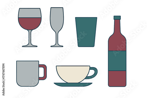 Stylized set of drinkware and beverage containers featuring wine glasses, coffee mugs, and a bottle