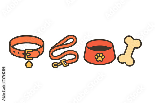 Essential dog accessories set featuring collar leash feeding bowl and bone toy