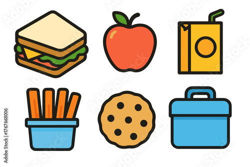 Classic lunch and snack food items including sandwich, apple, juice, and cookie with a blue lunchbox