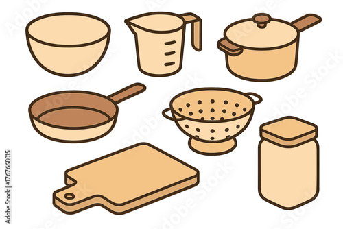 Isometric set of cooking and baking tools saucepan frying pan and cutting board