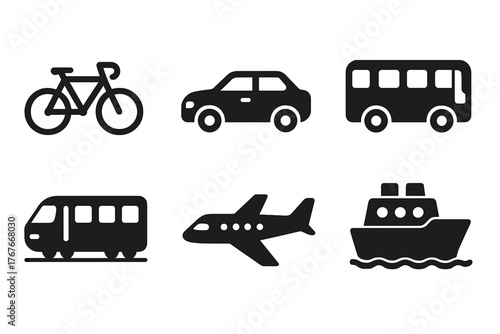 Black silhouettes of various transportation modes including bicycle, car, bus, plane, and ship