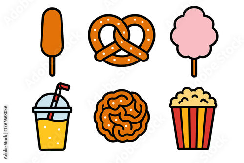 Popular fair and carnival food items including corn dog, pretzel, cotton candy, and popcorn