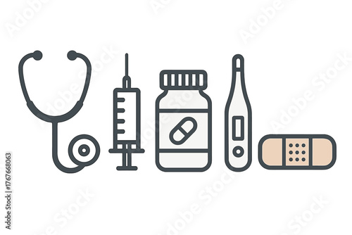 Stethoscope, syringe, medicine bottle, thermometer, and bandage representing essential healthcare and medical treatment
