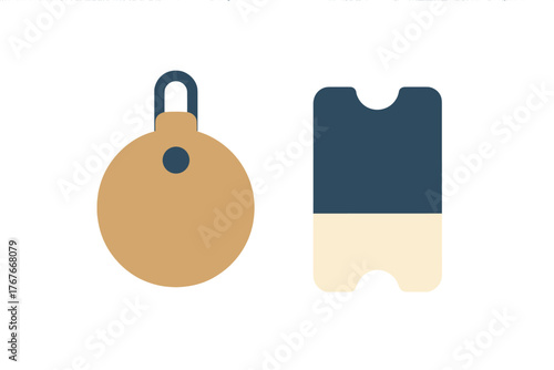 Minimalist abstract shapes of luggage tag and ticket stub in beige and dark blue