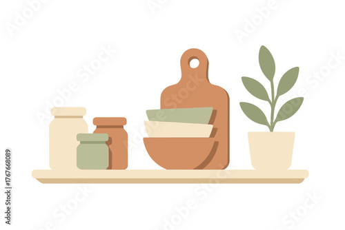 Aesthetic kitchen shelf decor with jars, stacked ceramic bowls, wooden cutting board, and houseplant