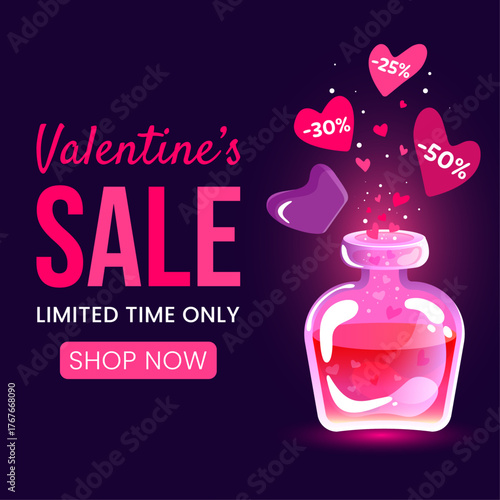 Valentine's Day sale vector illustration — glossy love potion bottle with floating hearts and discount tags, "Shop Now" banner layout for limited-time romantic promotion, ideal for web ads, social med