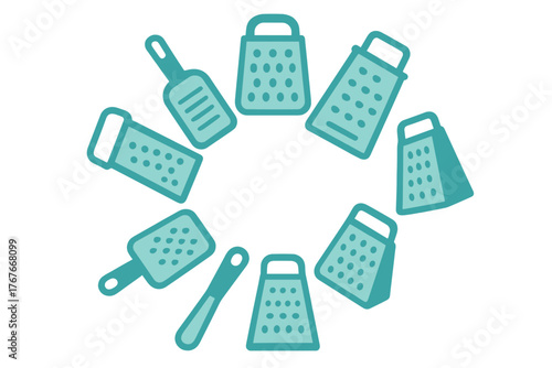 Circular decorative border made of various kitchen graters and zesters for food preparation