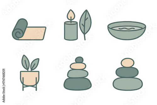 Collection of wellness and spa icons featuring yoga mat, burning candle, potted plant, and balanced stones
