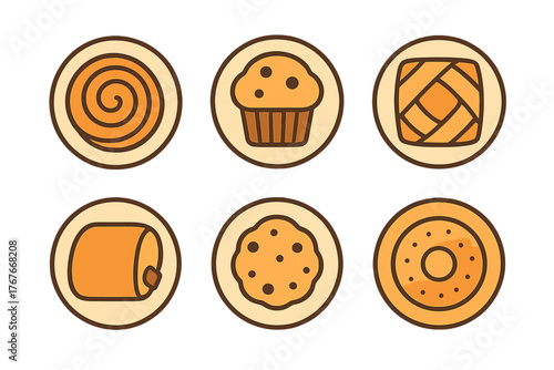 Collection of sweet baked goods including muffins, cookies, donuts, and pastries