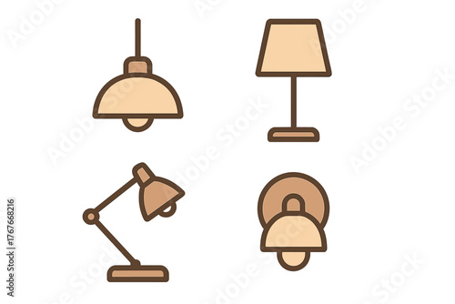 Four indoor lighting fixtures collection: pendant, table lamp, desk lamp, and wall sconce