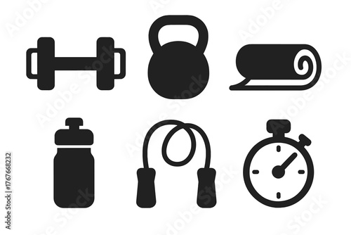 Monochrome set of essential gym equipment symbols: dumbbell, kettlebell, jump rope, mat, bottle, timer