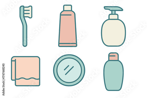 Collection of personal hygiene and bathroom essentials including toothbrush, soap, and towel