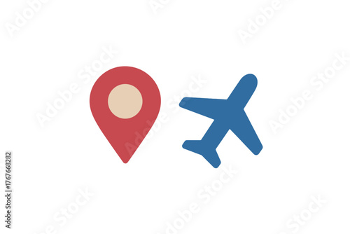 Map pin marker next to an airplane symbol representing travel destination and navigation planning