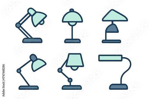 Six different desk lamp icons showing various styles of lighting fixtures for office and home use