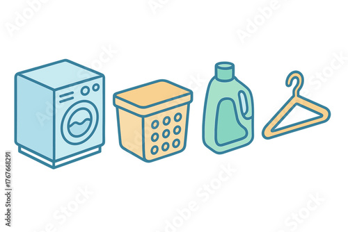 Isometric laundry equipment including washing machine, hamper, detergent bottle, and clothes hanger