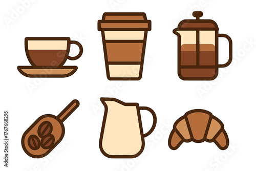 Set of coffee and breakfast icons including cup, French press, mug, and croissant