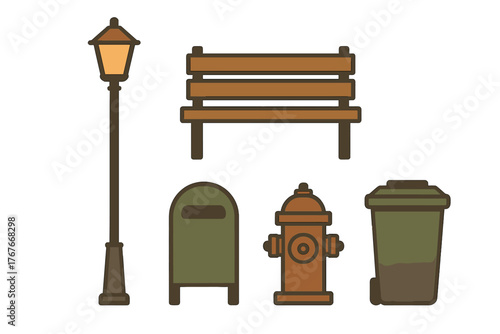 Essential urban infrastructure elements including lamppost, park bench, fire hydrant, and trash bins