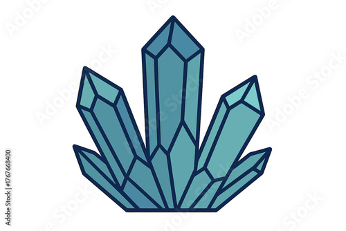 Geometric cluster of blue and teal crystals and gemstones on a white background