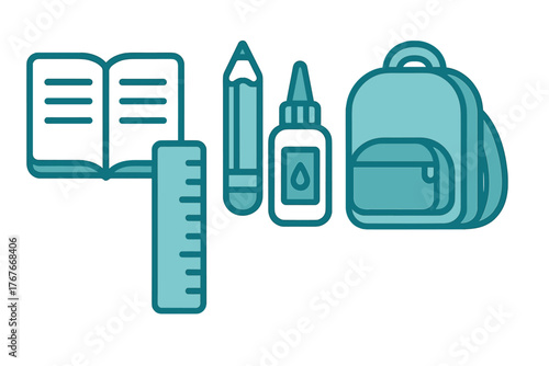 Essential school supplies collection featuring backpack, book, ruler, pencil, and glue bottle icons