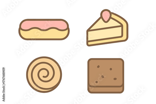 Sweet baked goods assortment featuring eclair, cheesecake slice, and chocolate brownie