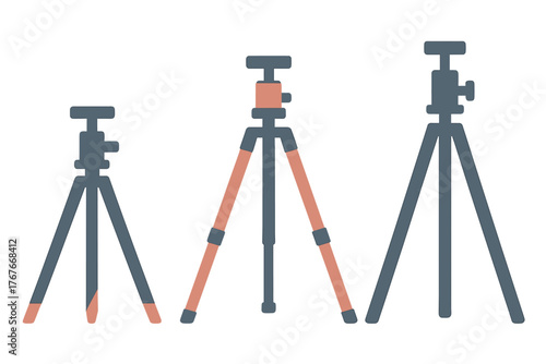 Collection of three professional camera tripods in different sizes and configurations for photography and video recording
