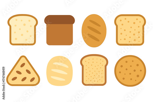 Collection of baked goods including sliced sandwich bread, whole wheat loaves, and various rolls