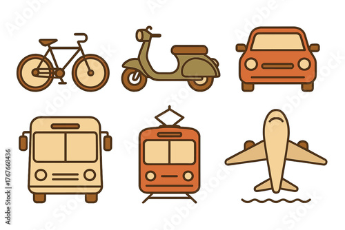 Set of essential transport modes including bicycle scooter car bus tram and aircraft