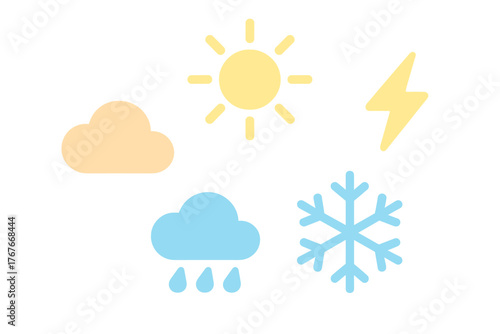 Flat design set of meteorological icons including sun, clouds, rain, snow, and thunder symbols