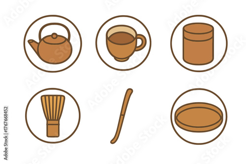 Traditional Japanese matcha tea ceremony tools set including whisk, scoop, teapot, and cup symbols