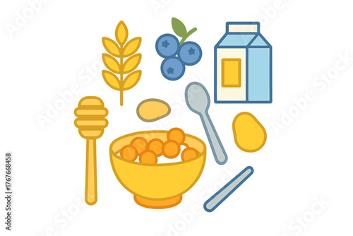Set of breakfast food icons: cereal, milk, blueberries, wheat, and honey dipper