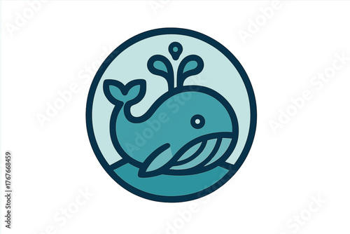 Stylized blue whale spouting water in the ocean inside a circular frame